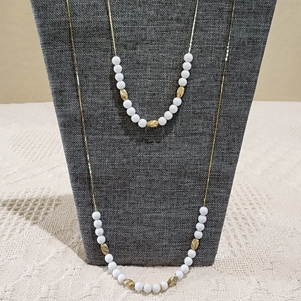 MCM 2 x Vintage Floating Round White and Spiral Gold Bead Gold Chain Necklace